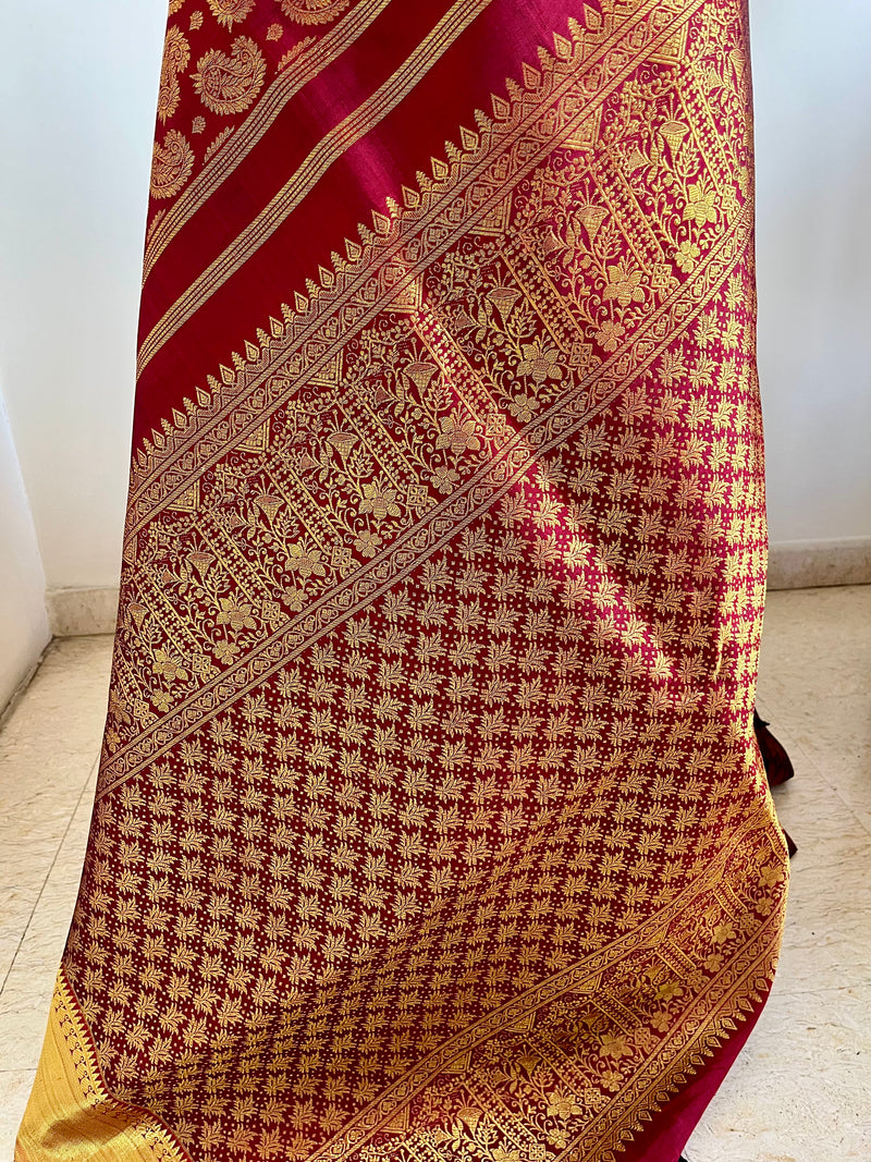 MALAR – REDDISH MAROON BROCADE KANJIVARAM WITH ZARI AANCHAL