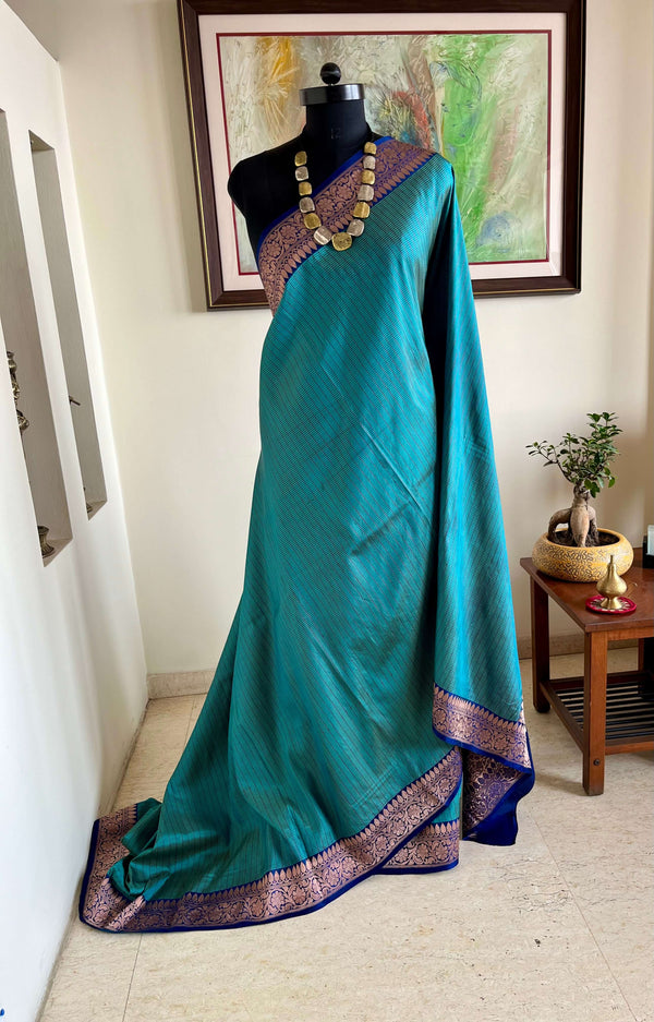 RASHI – BLUE KATAN SILK BEAUTY WITH ANTIQUE GOLD THREADWORK