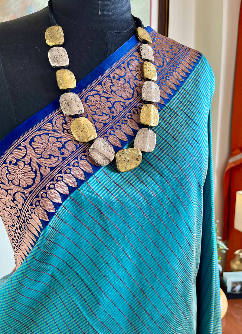 RASHI – BLUE KATAN SILK BEAUTY WITH ANTIQUE GOLD THREADWORK