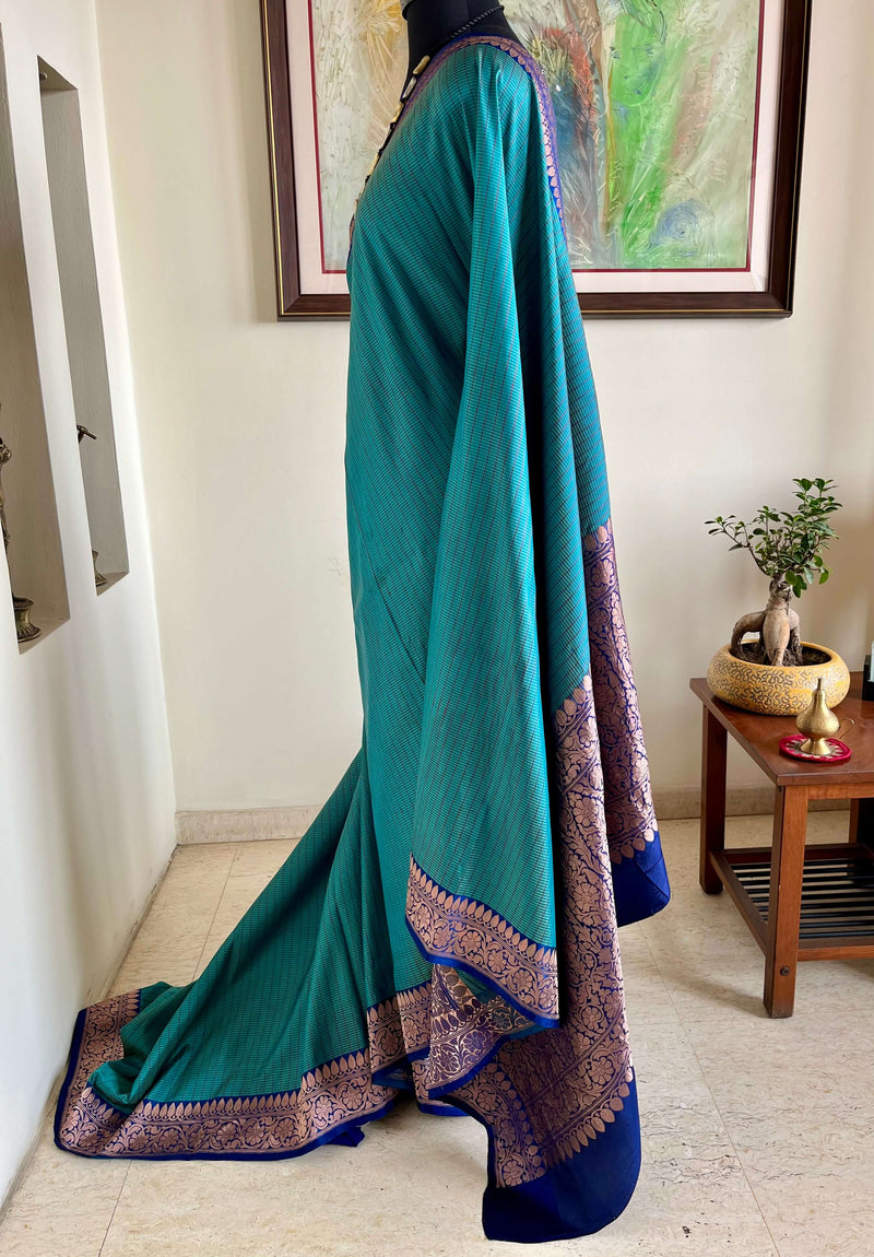 RASHI – BLUE KATAN SILK BEAUTY WITH ANTIQUE GOLD THREADWORK