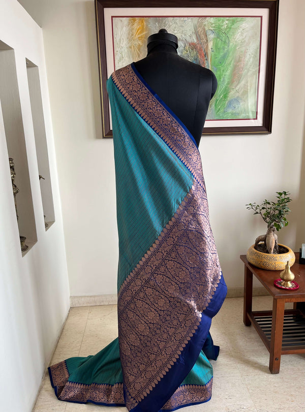 RASHI – BLUE KATAN SILK BEAUTY WITH ANTIQUE GOLD THREADWORK