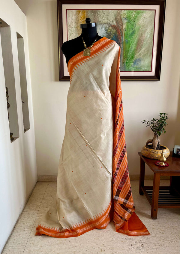 PRAJAKTA- KHANDUA TUSSAR SILK SAREE WITH FISH AND TEMPLE MOTIFS