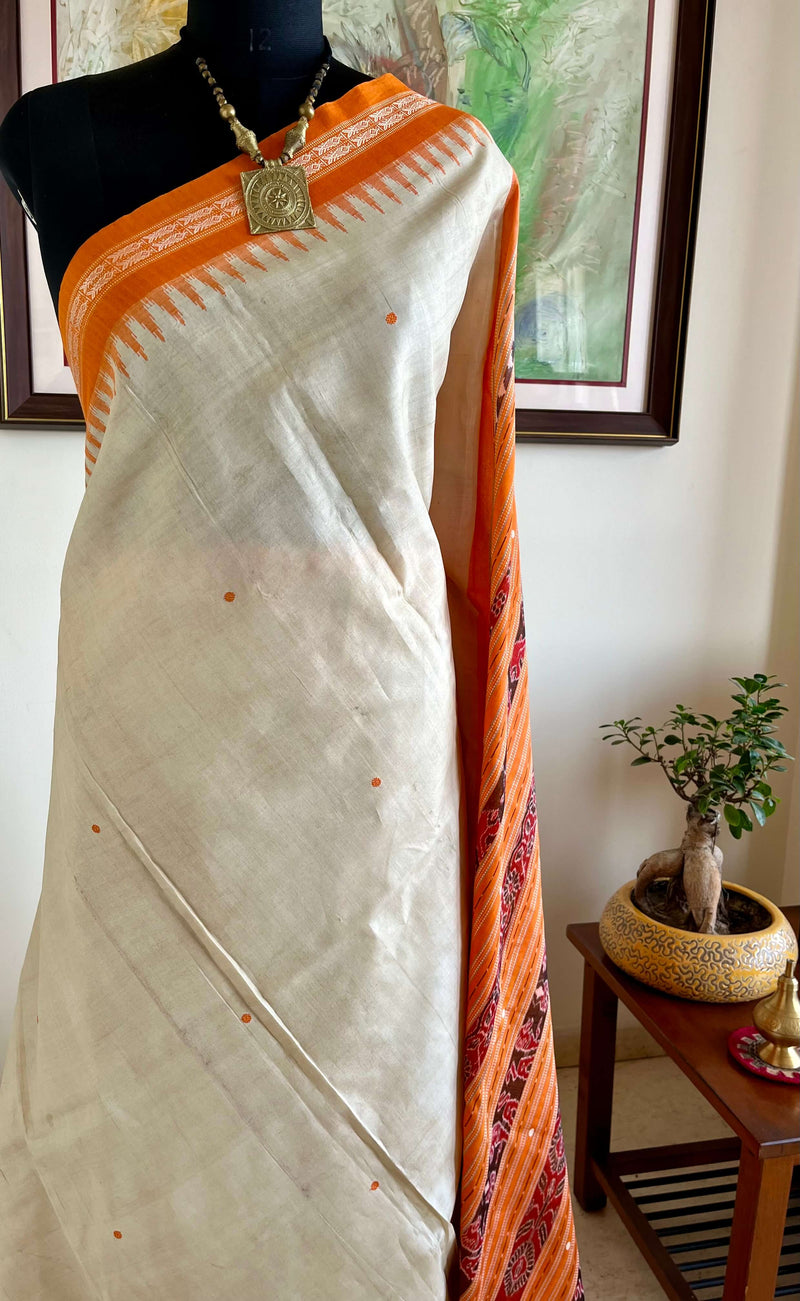 PRAJAKTA- KHANDUA TUSSAR SILK SAREE WITH FISH AND TEMPLE MOTIFS