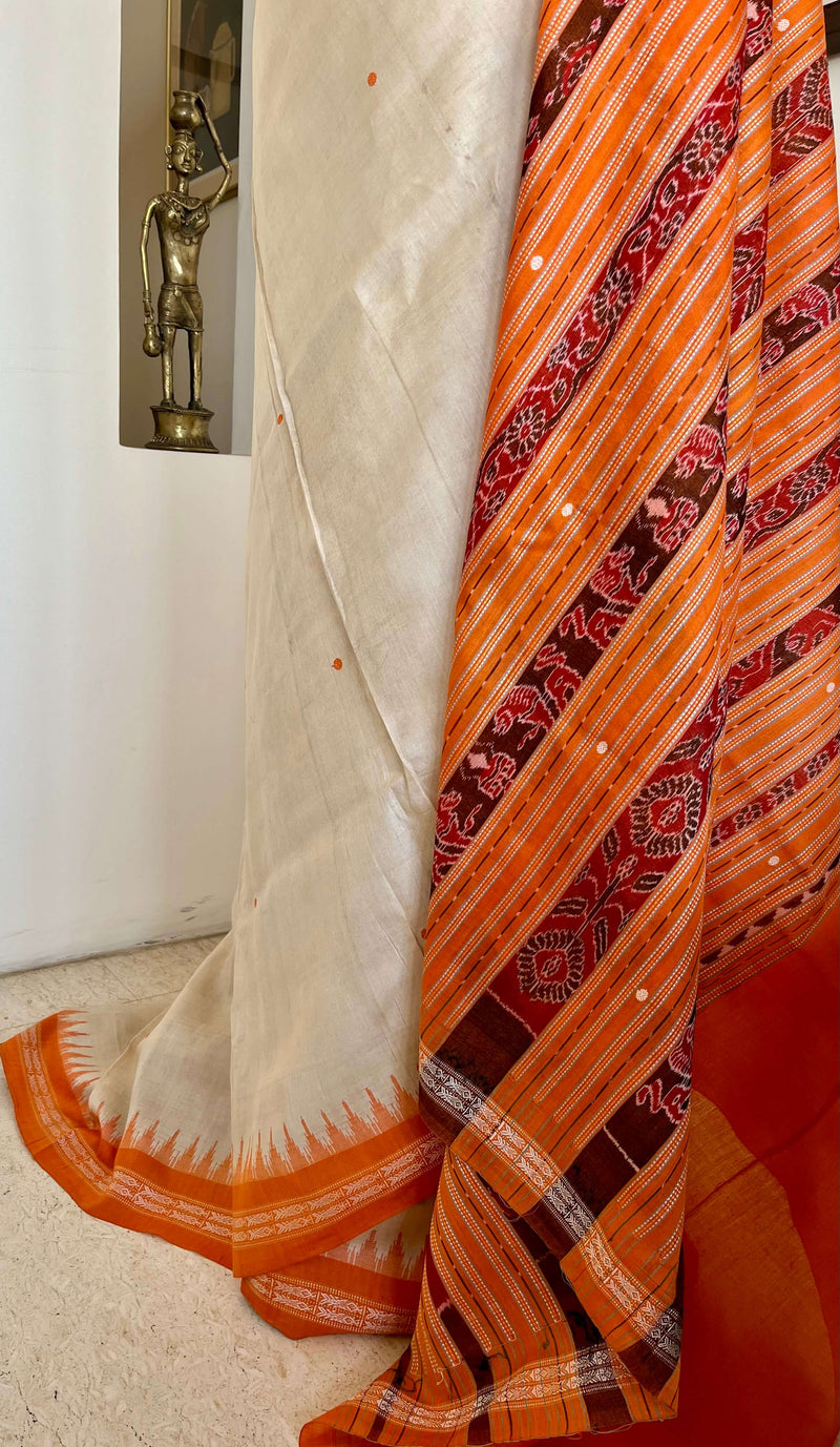 PRAJAKTA- KHANDUA TUSSAR SILK SAREE WITH FISH AND TEMPLE MOTIFS