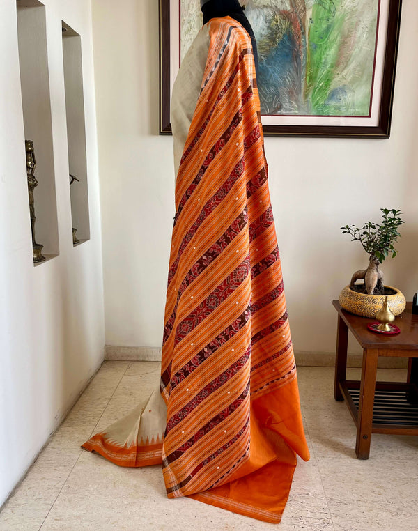 PRAJAKTA- KHANDUA TUSSAR SILK SAREE WITH FISH AND TEMPLE MOTIFS