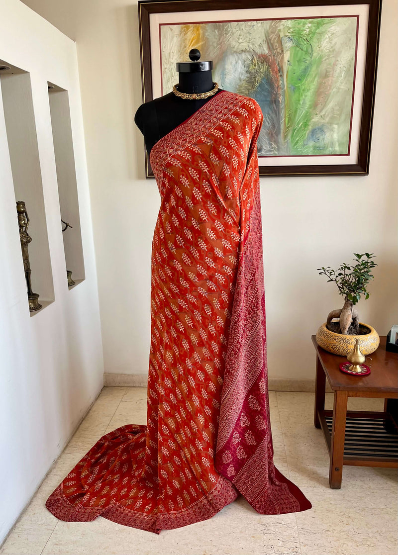 RIVA - MAROON PURE CREPE SILK SAREE WITH BAGH PRINT