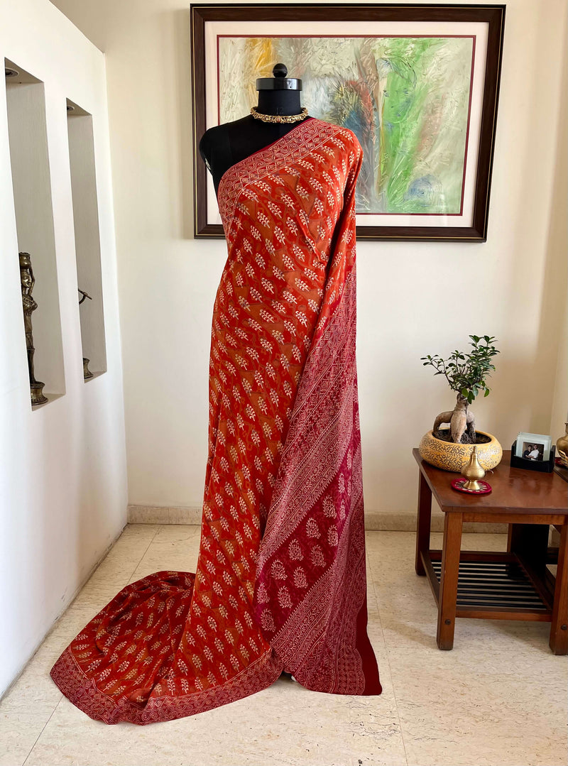 RIVA - MAROON PURE CREPE SILK SAREE WITH BAGH PRINT