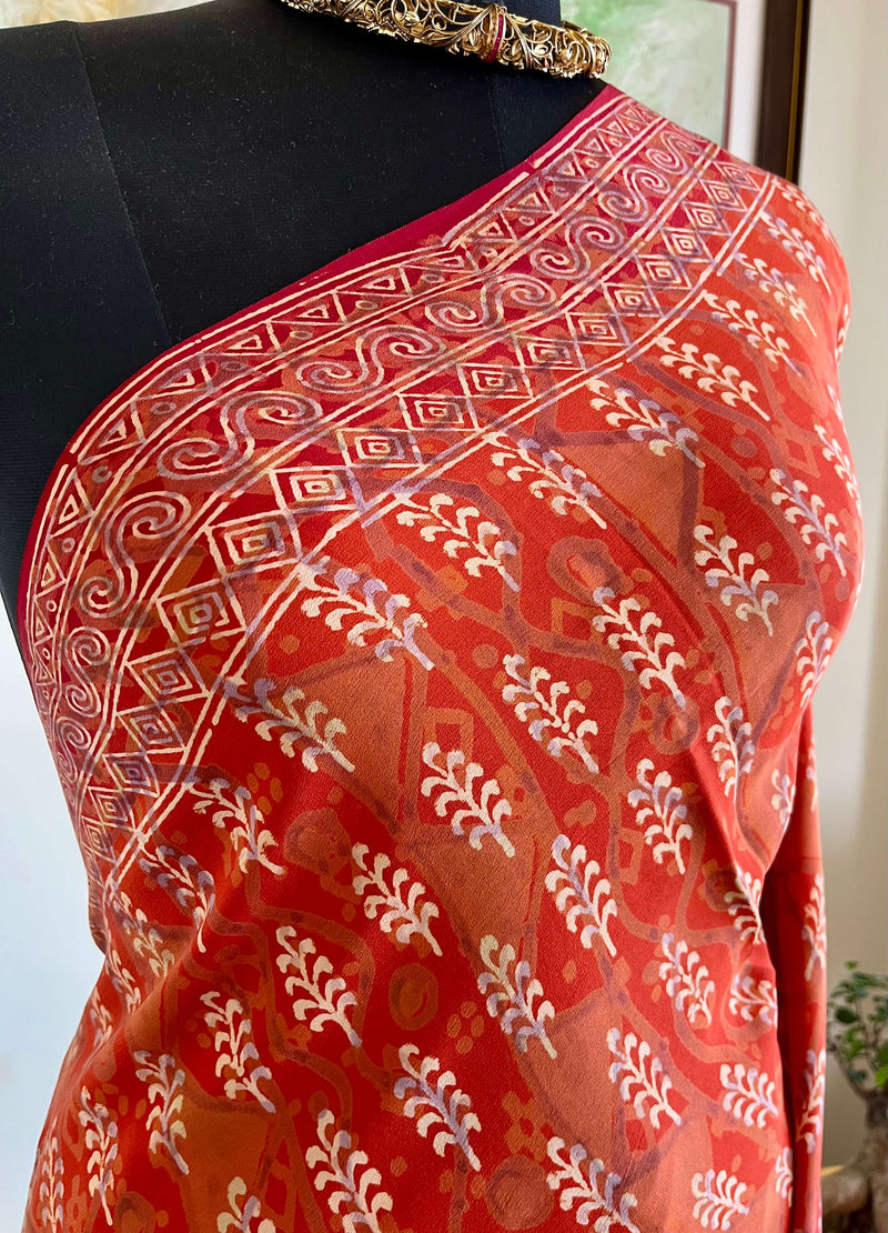 RIVA - MAROON PURE CREPE SILK SAREE WITH BAGH PRINT