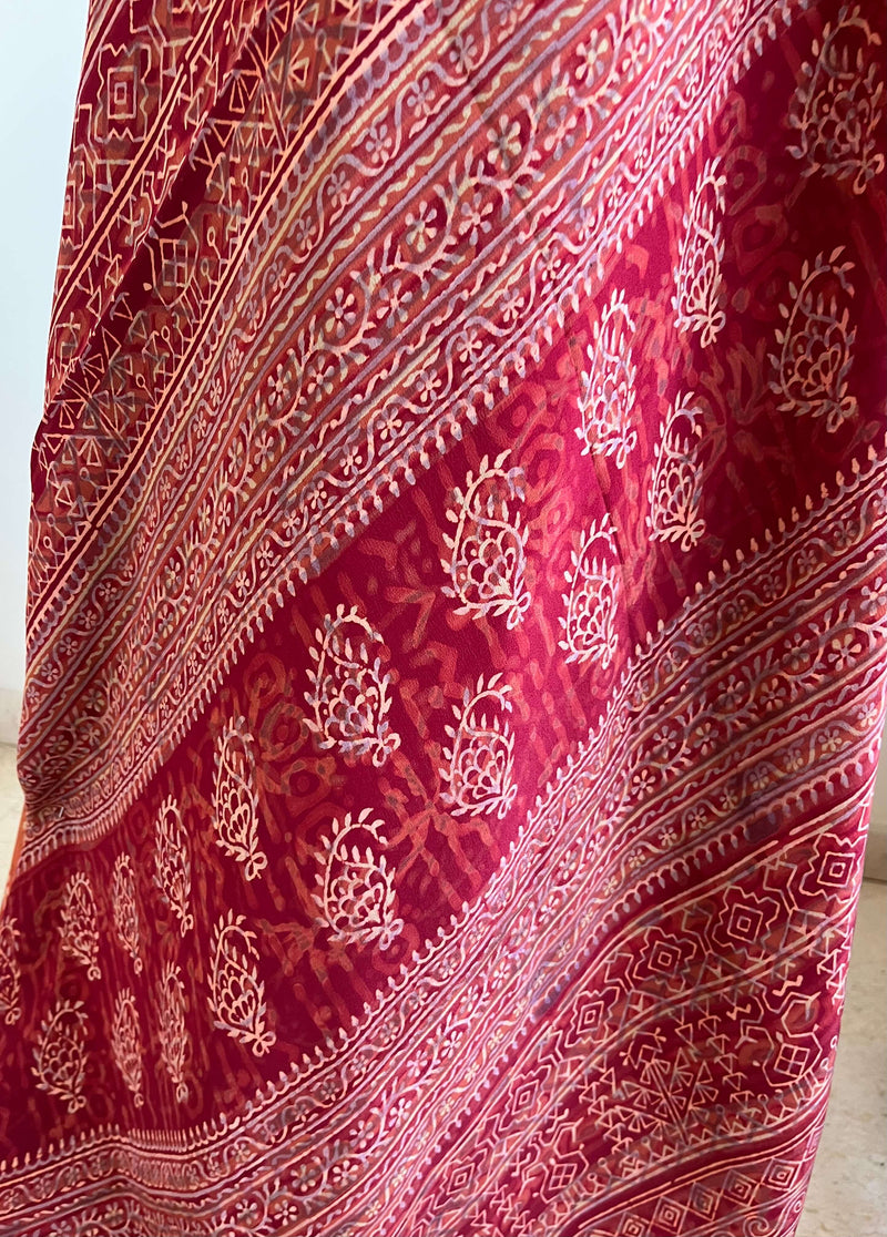 RIVA - MAROON PURE CREPE SILK SAREE WITH BAGH PRINT