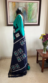 SAVINA - TEAL POCHAMPALLY WITH NAVY BLUE IKAT MOTIFS