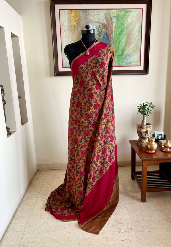 KAMLI- LIGHT BROWN CREPE SILK WITH FLORAL AND GOLD ACCENTS