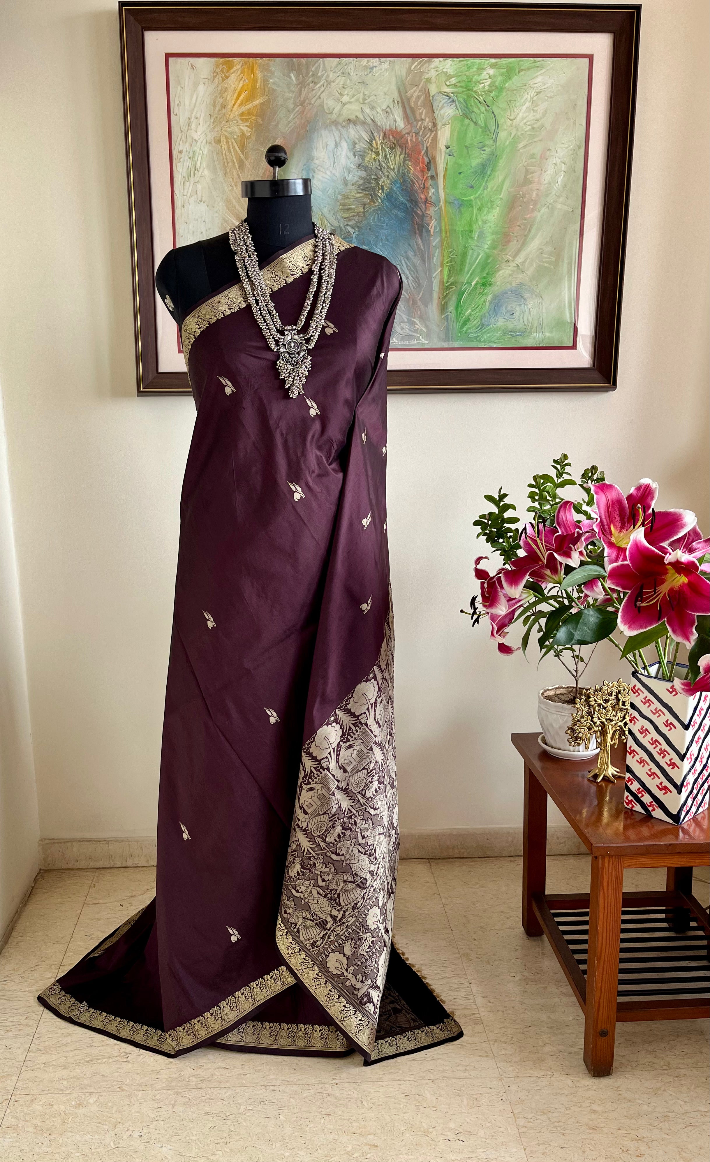 PAVANYA – UNIQUE KANJIVARAM SAREE WITH VILLAGE SCENE AANCHAL – MOS Preloved