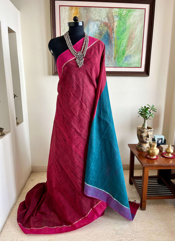 ANAISHA- PURE KHADI COTTON SAREE WITH TEAL AANCHAL AND SILVER  PINK BORDER