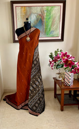 PARBATI – NEVER WORN COPPER SONEPURI BOMKAI SAREE WITH RUDRAKSH BORDER AND BLACK AANCHAL