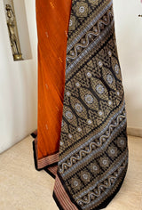 PARBATI – NEVER WORN COPPER SONEPURI BOMKAI SAREE WITH RUDRAKSH BORDER AND BLACK AANCHAL
