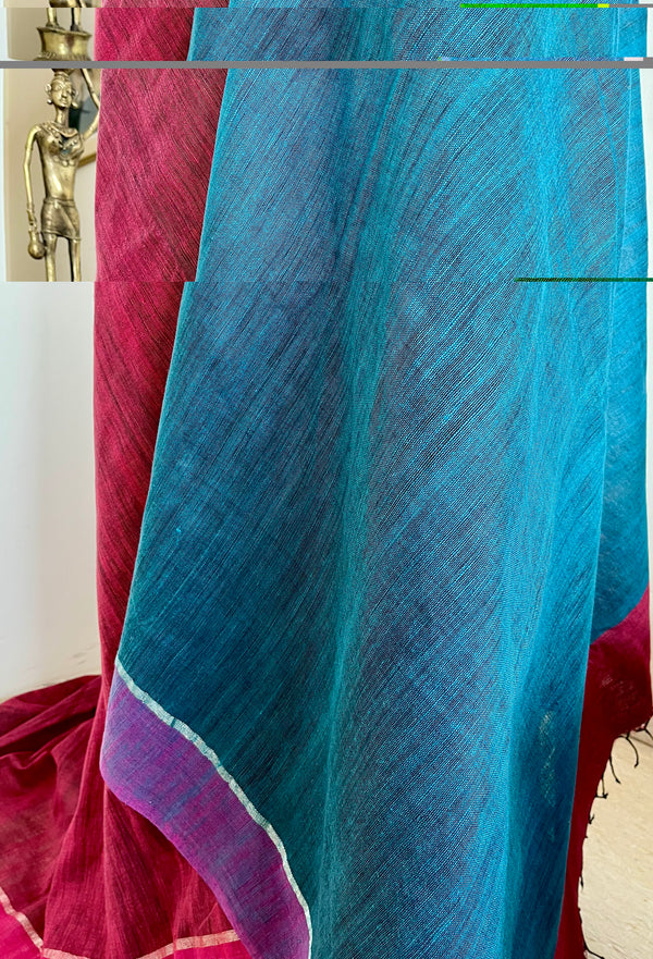 ANAISHA- PURE KHADI COTTON SAREE WITH TEAL AANCHAL AND SILVER  PINK BORDER