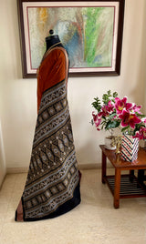 PARBATI – NEVER WORN COPPER SONEPURI BOMKAI SAREE WITH RUDRAKSH BORDER AND BLACK AANCHAL