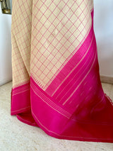 PRITHILA – LIGHT BEIGE KATTAM KANJIVARAM SAREE WITH PINK CHECKS