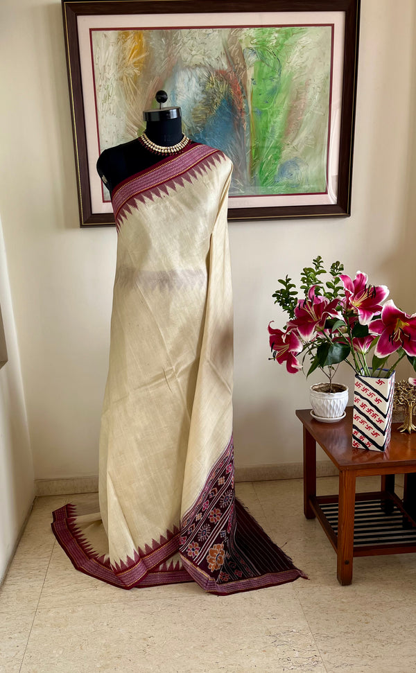 PRACHITA – CREAM TUSSAR KHANDUA WITH COFFEE MAROON RUDRAKSHA BORDER