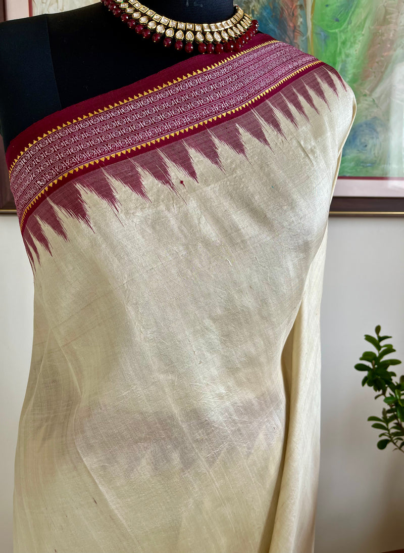 PRACHITA – CREAM TUSSAR KHANDUA WITH COFFEE MAROON RUDRAKSHA BORDER