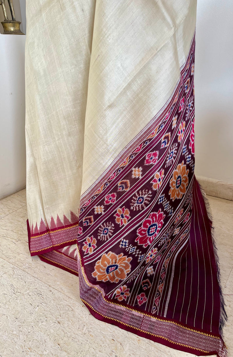 PRACHITA – CREAM TUSSAR KHANDUA WITH COFFEE MAROON RUDRAKSHA BORDER