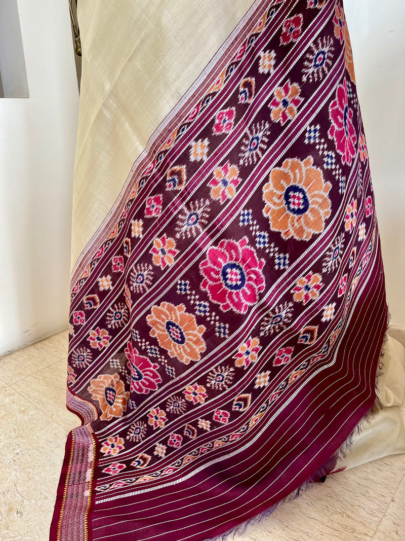 PRACHITA – CREAM TUSSAR KHANDUA WITH COFFEE MAROON RUDRAKSHA BORDER