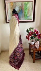 PRACHITA – CREAM TUSSAR KHANDUA WITH COFFEE MAROON RUDRAKSHA BORDER