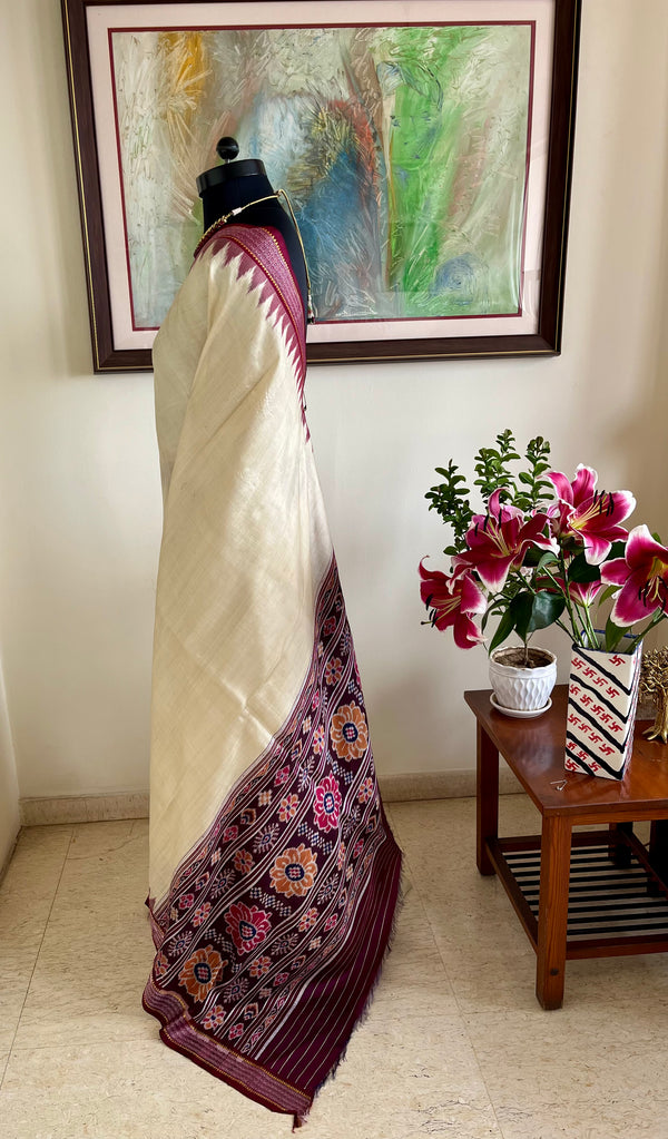 PRACHITA – CREAM TUSSAR KHANDUA WITH COFFEE MAROON RUDRAKSHA BORDER