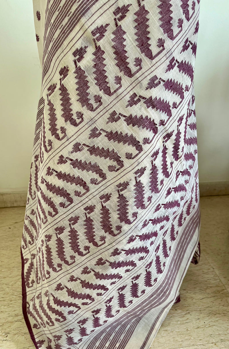POUSHALI – WHITE JAMDANI COTTON WITH FLORAL AND LINEAR MOTIFS