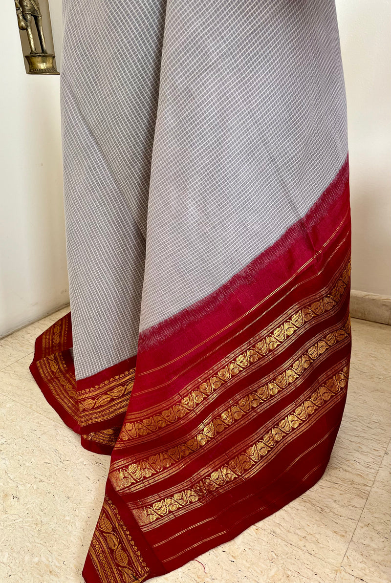 PRESHITA – GREY CHECKED GADWAL COTTON WITH MAROON ZARI BORDER