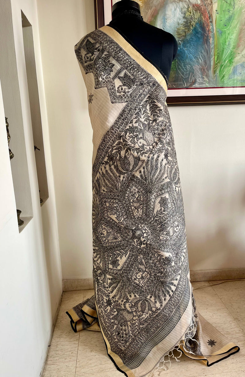 CHAITRALI- EXQUISITE MADHUBANI SAREE WITH PEACOCK AND FLORAL MOTIFS