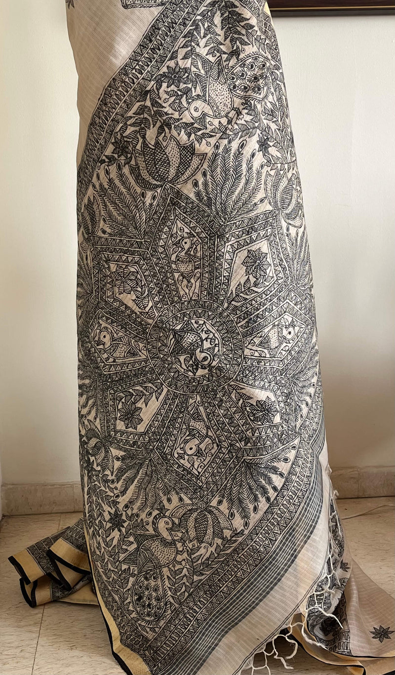 CHAITRALI- EXQUISITE MADHUBANI SAREE WITH PEACOCK AND FLORAL MOTIFS