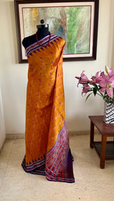 MEDHAVI – GOLDEN YELLOW KHANDUA WITH PURPLE TEMPLE BORDER