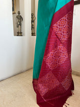PRANJUSHA – TEAL POCHAMPALLY WITH MAROON IKKAT BORDER AND AANCHAL