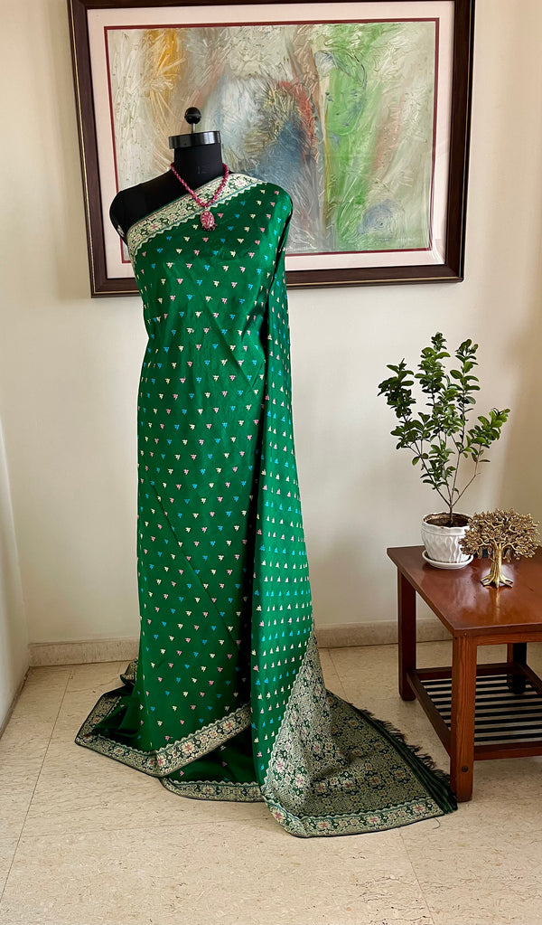 MEKHALA – GREEN ASSAM SILK WITH MULTICOLOUR FLORAL THREADWORK