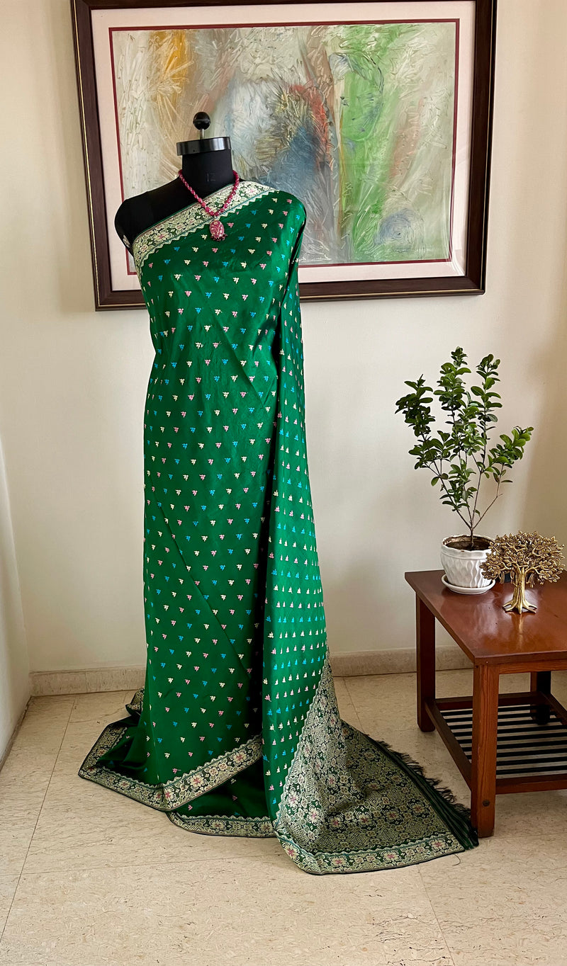 MEKHALA – GREEN ASSAM SILK WITH MULTICOLOUR FLORAL THREADWORK
