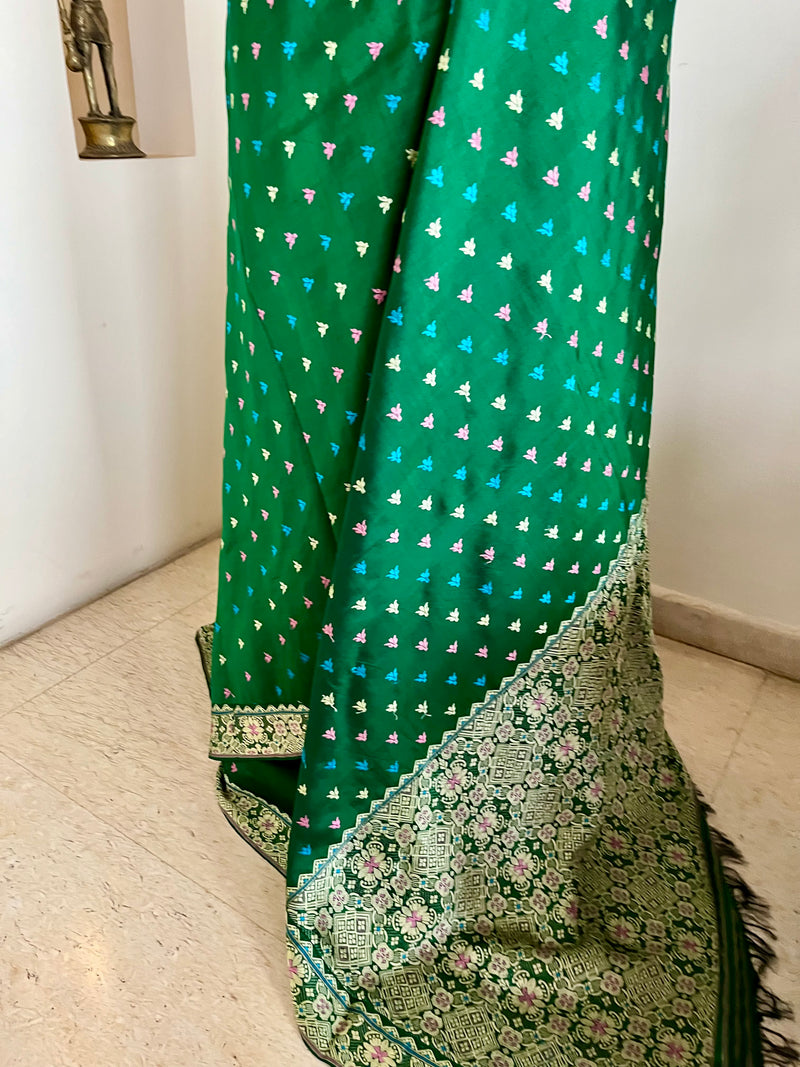 MEKHALA – GREEN ASSAM SILK WITH MULTICOLOUR FLORAL THREADWORK