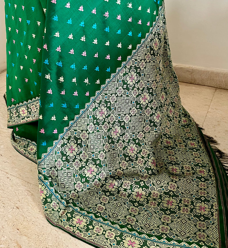 MEKHALA – GREEN ASSAM SILK WITH MULTICOLOUR FLORAL THREADWORK