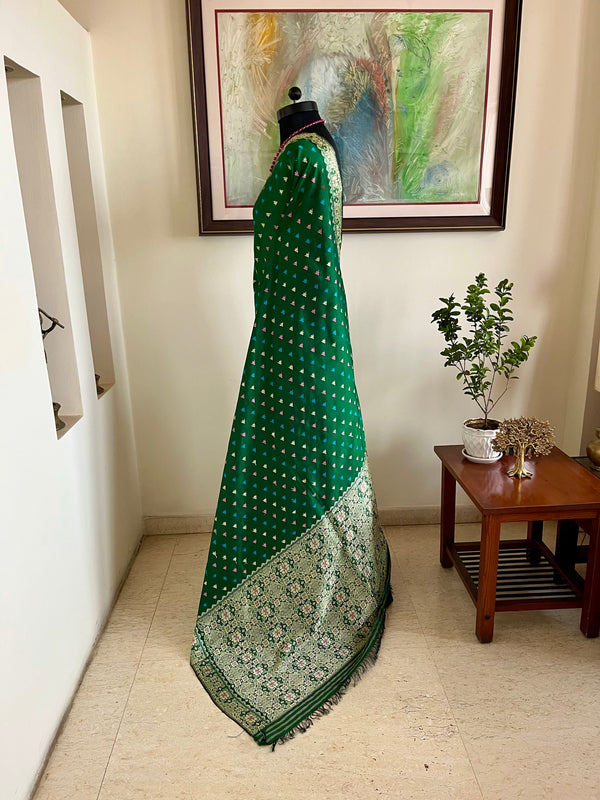 MEKHALA – GREEN ASSAM SILK WITH MULTICOLOUR FLORAL THREADWORK