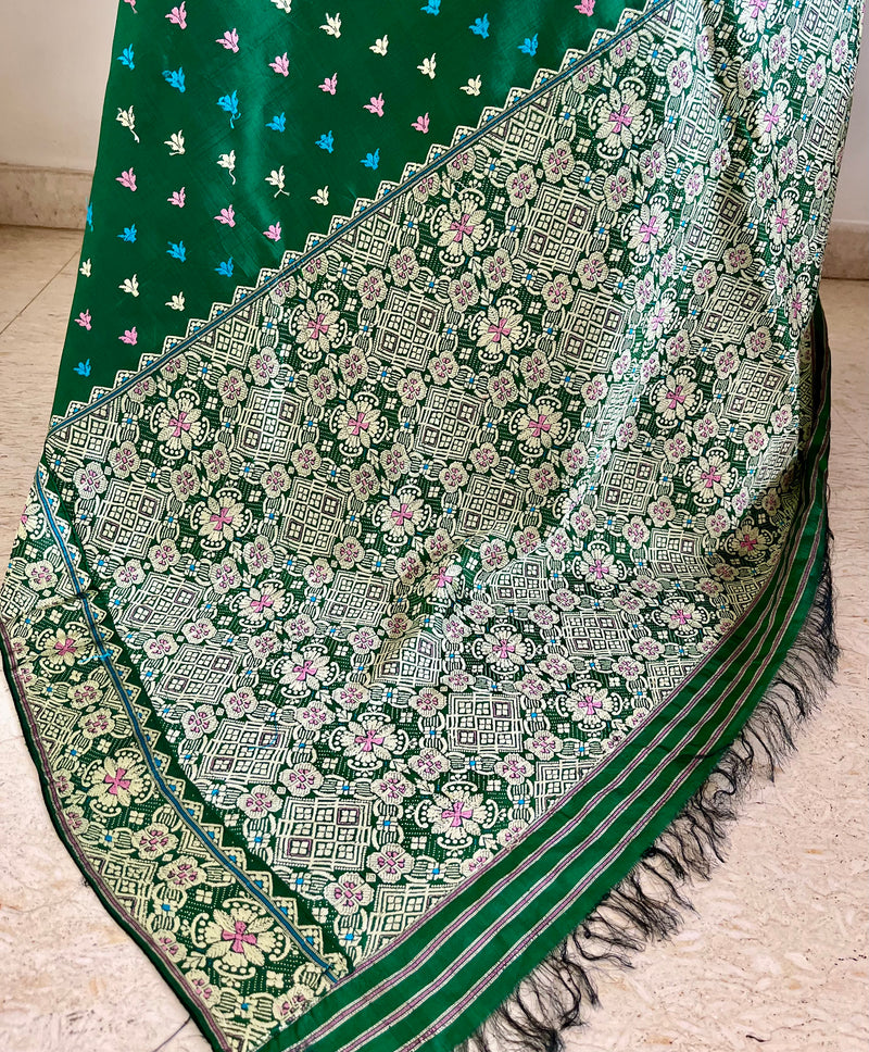 MEKHALA – GREEN ASSAM SILK WITH MULTICOLOUR FLORAL THREADWORK