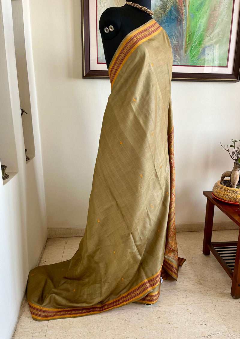 TISHYA - BEIGE BANARASI TUSSAR SAREE WITH INTRICATE FLORAL PATTERNS