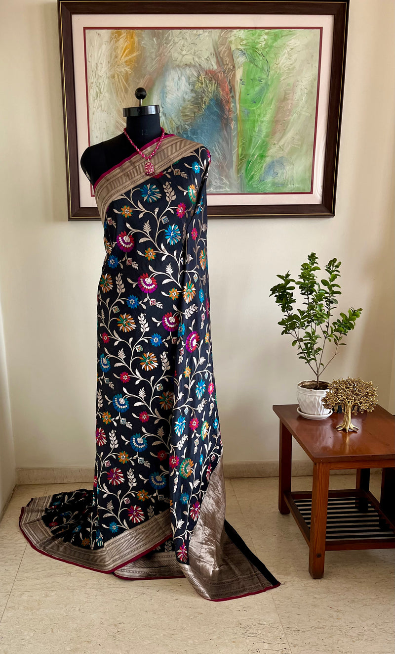 MISHIKA- BLACK BANARASI SILK WITH MULTICOLOURED AND SILVER ZARI MOTIFS