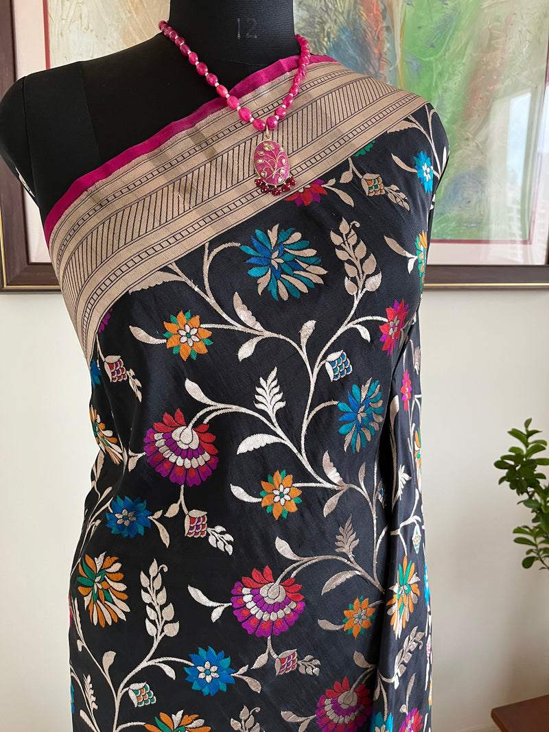 MISHIKA- BLACK BANARASI SILK WITH MULTICOLOURED AND SILVER ZARI MOTIFS