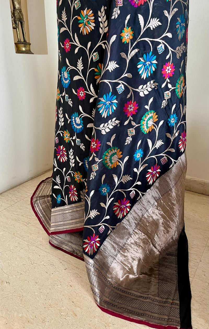 MISHIKA- BLACK BANARASI SILK WITH MULTICOLOURED AND SILVER ZARI MOTIFS