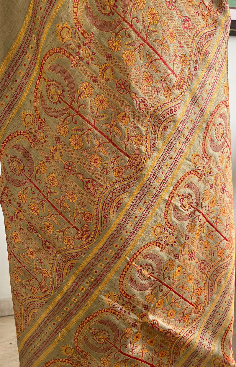 TISHYA - BEIGE BANARASI TUSSAR SAREE WITH INTRICATE FLORAL PATTERNS