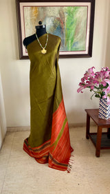 SUVIKA- GREEN KATTAM KANJIVARAM WITH RUST ORANGE BORDER