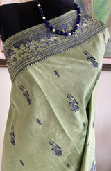 MOHONA – OLIVE GREEN BALUCHARI SAREE WITH NAVY MYTHOLOGICAL MOTIFS