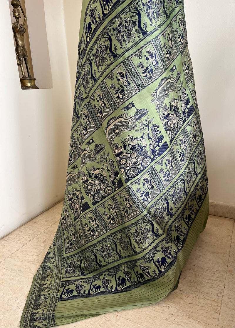 MOHONA – OLIVE GREEN BALUCHARI SAREE WITH NAVY MYTHOLOGICAL MOTIFS