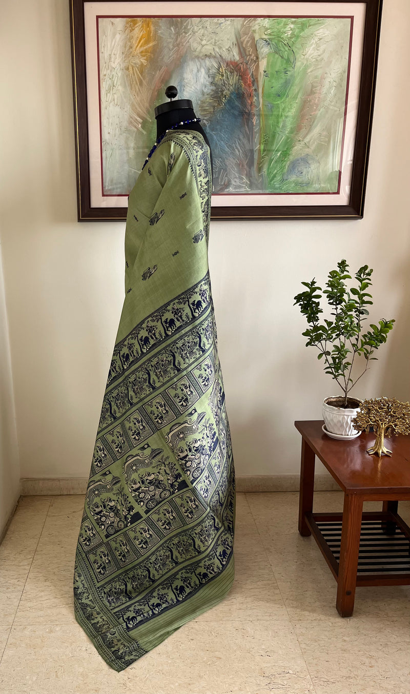 MOHONA – OLIVE GREEN BALUCHARI SAREE WITH NAVY MYTHOLOGICAL MOTIFS