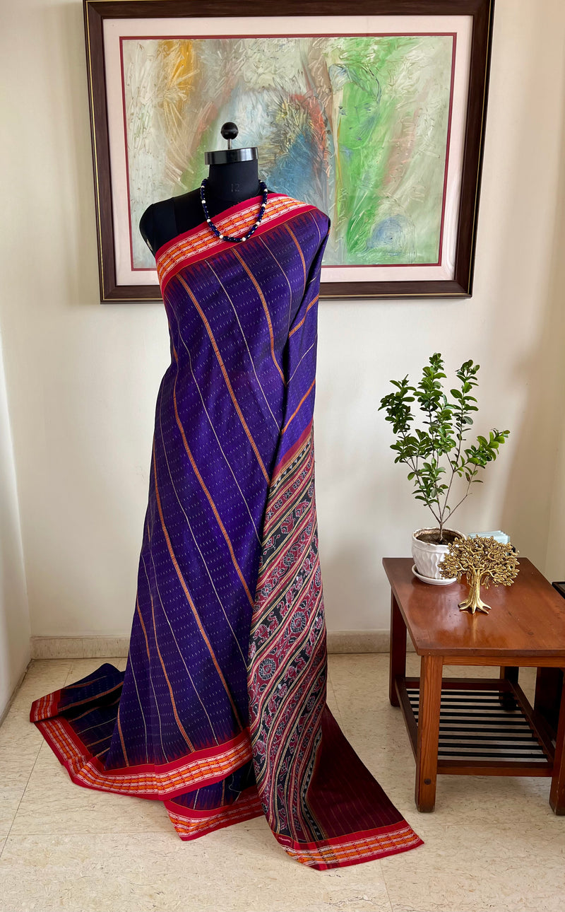 MOHUL – PURPLE ODISHA HANDLOOM SAREE WITH TEMPLE AND FISH MOTIFS